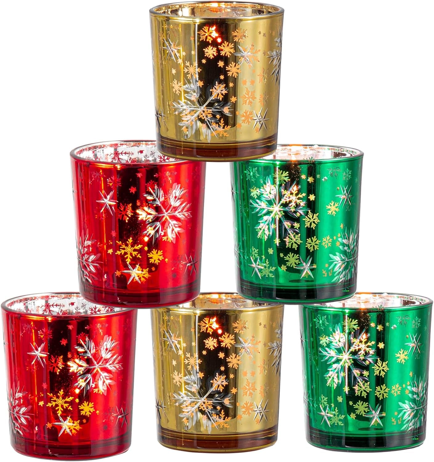 Christmas Candle Holder,Mercury Glass Tealight Votives Set of 6,Christmas Decorations Indoor,Snowflake Carving Tea Lights Centerpieces Table Decor