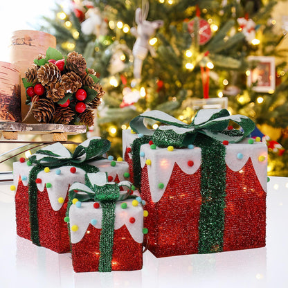Set of 3 Christmas Lighted Gift Boxes Decoration with Bowknot Light up for Party