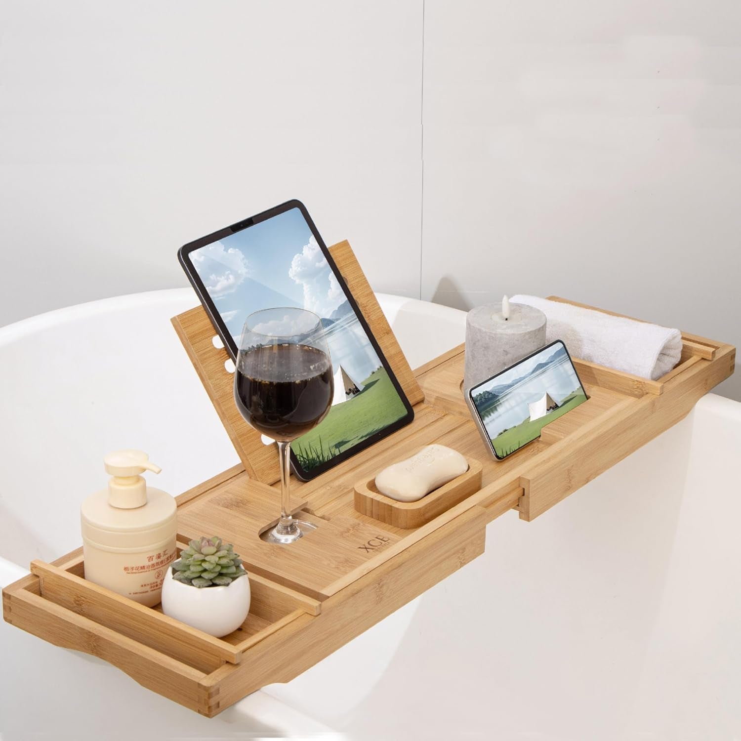 Bathtub Caddy Tray Expandable to 105Cm with Bamboo Book Stand and Soap Tray, Natural