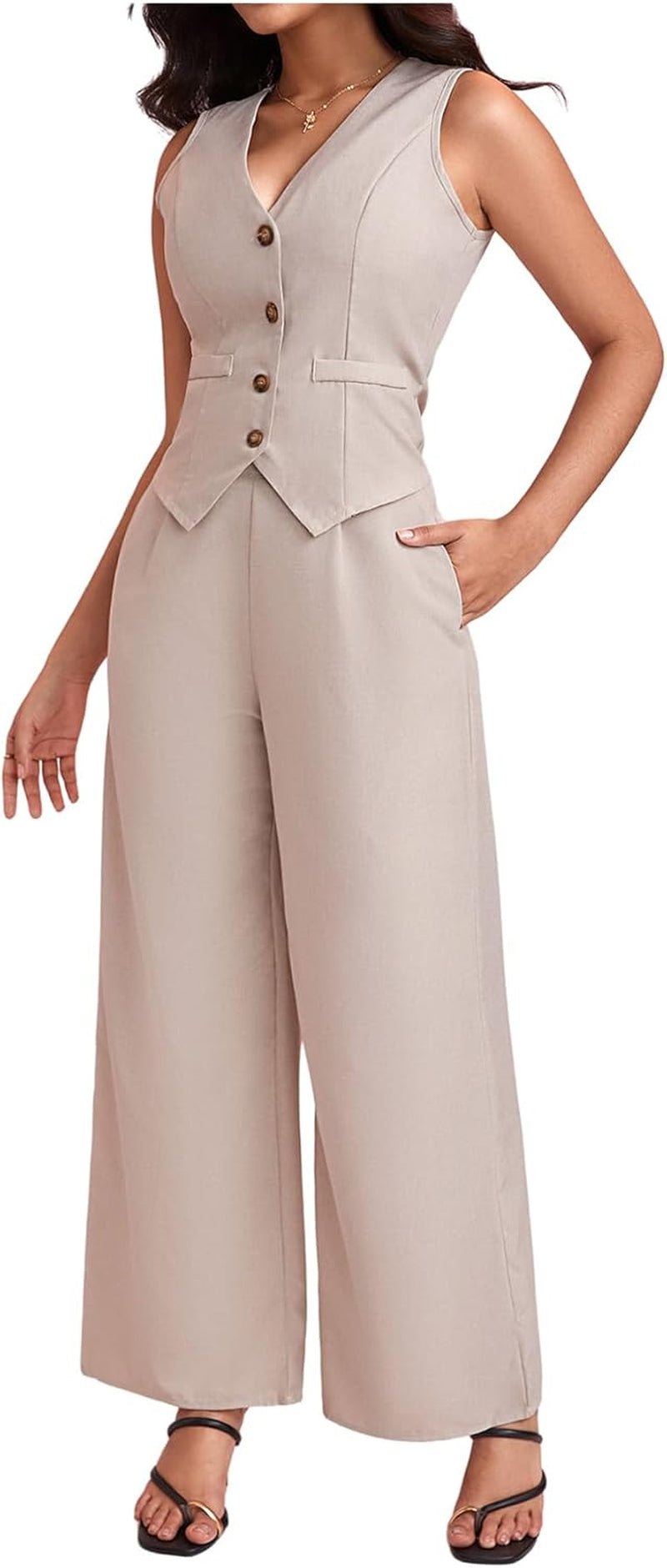 Women'S 2 Piece Outfit Sleeveless Button down Vest Blazer and Wide Leg Pants Suit Matching Set