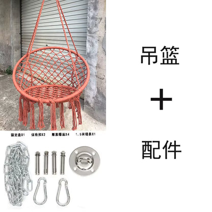 ‌Nordic Style Hanging Basket- Handmade Cotton Rope Swing Chair, Balcony Relaxation Cradle- Boho Indoor Fringe Hanging Chair