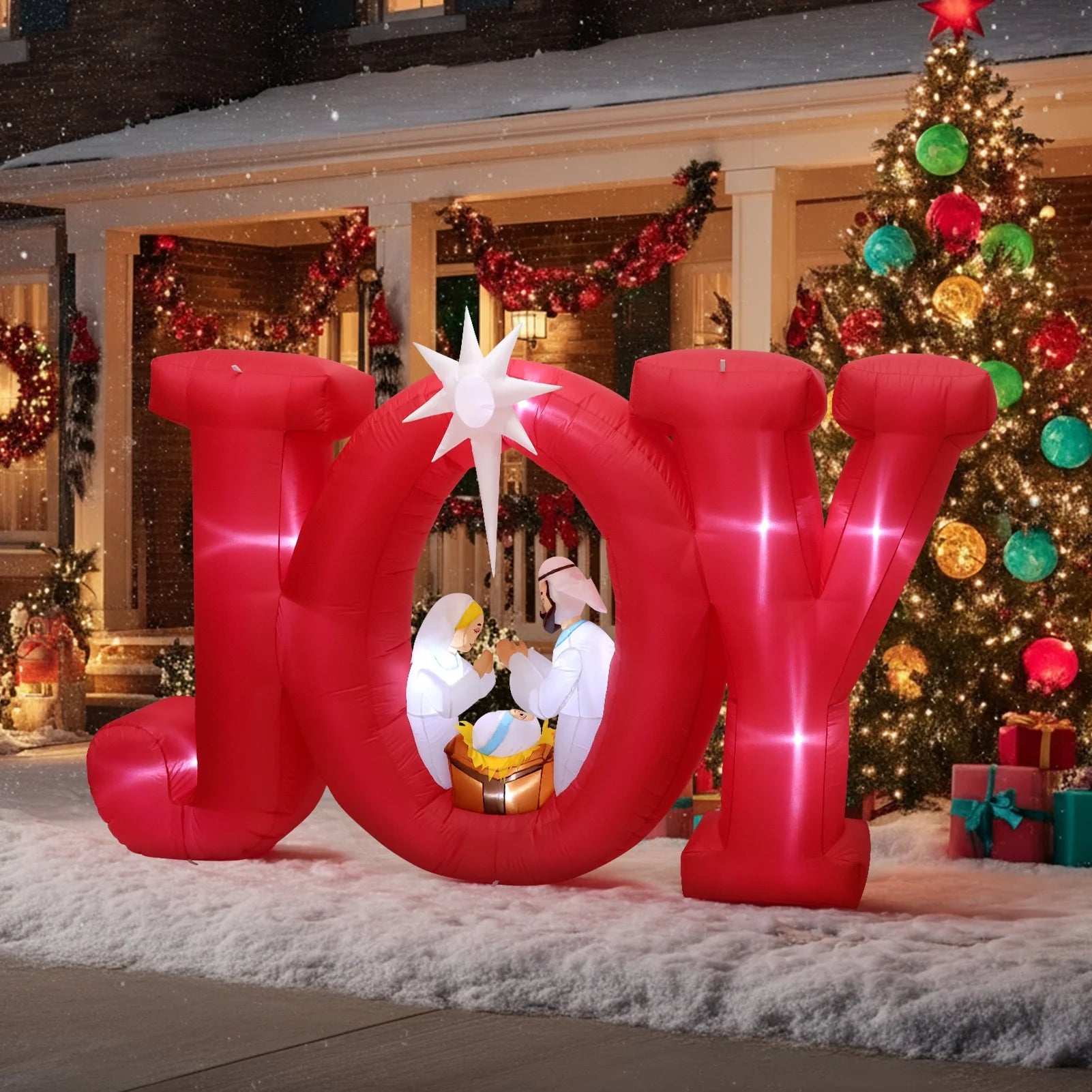 8FT Inflatables Christmas Outdoor Decoration, Joy Christmas Nativity Decoration with LED, Christmas Blow up Yard Decorations- Red/White