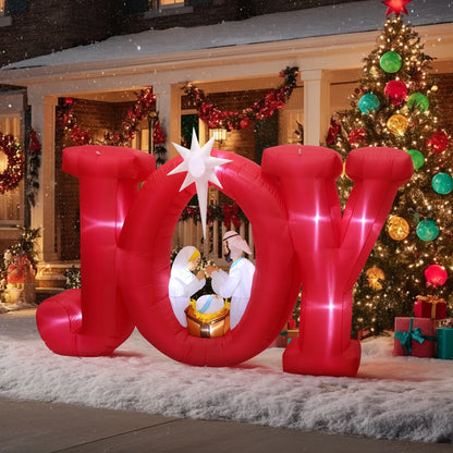 8FT Inflatables Christmas Outdoor Decoration, Joy Christmas Nativity Decoration with LED, Christmas Blow up Yard Decorations- Red/White