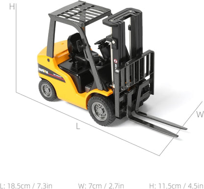 Liftable Forklift Toy- All Metal Die-Cast Construction Fork Truck with Articulating Arm, Movable Forks - Yellow Scale Mini Vehicle Model for Kids Adult Collection & Desk Decoration.