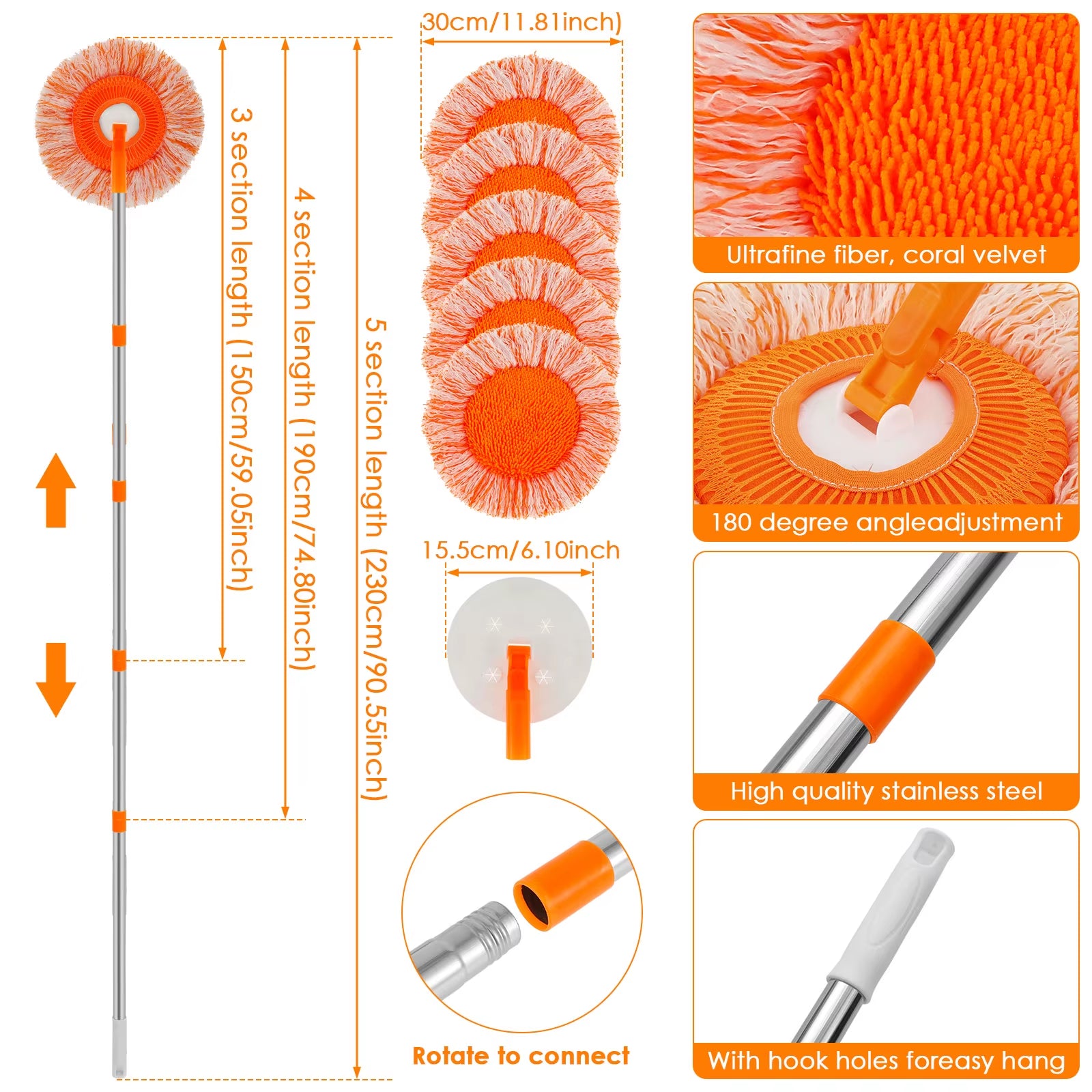 Extended Window Cleaning Kit 360° Rotatable Sunflower Mops Set- Removable High-Rise Cleaning Supplies Wall Ceiling Cleaning Tool