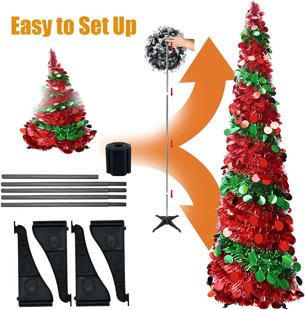 5 Foot Collapsible Pop up Sequin Artificial Pencil Christmas Tree Tinsel Slim Halloween Xmas Tree Tall Skinny Tree with Plastic Stand, Decorations for Home Fireplace Party Indoor Outdoor (Green& Red)