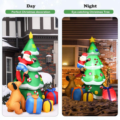7 Ft Inflatable Christmas Tree with Santa Claus Dog & Gift Boxes, Self Inflating Electric Blow up Lighted Interior with Fan and Anchor Ropes, Indoor Outdoor Garden Yard Family Prop Decoration
