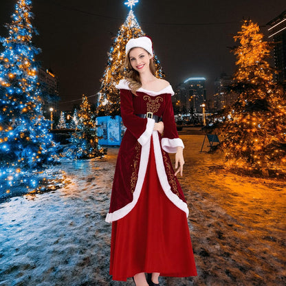 9 Pieces Mens Santa Claus Costume Christmas Luxury Santa Suit/Womens Retro Santa Dress Xmas Party Costumes