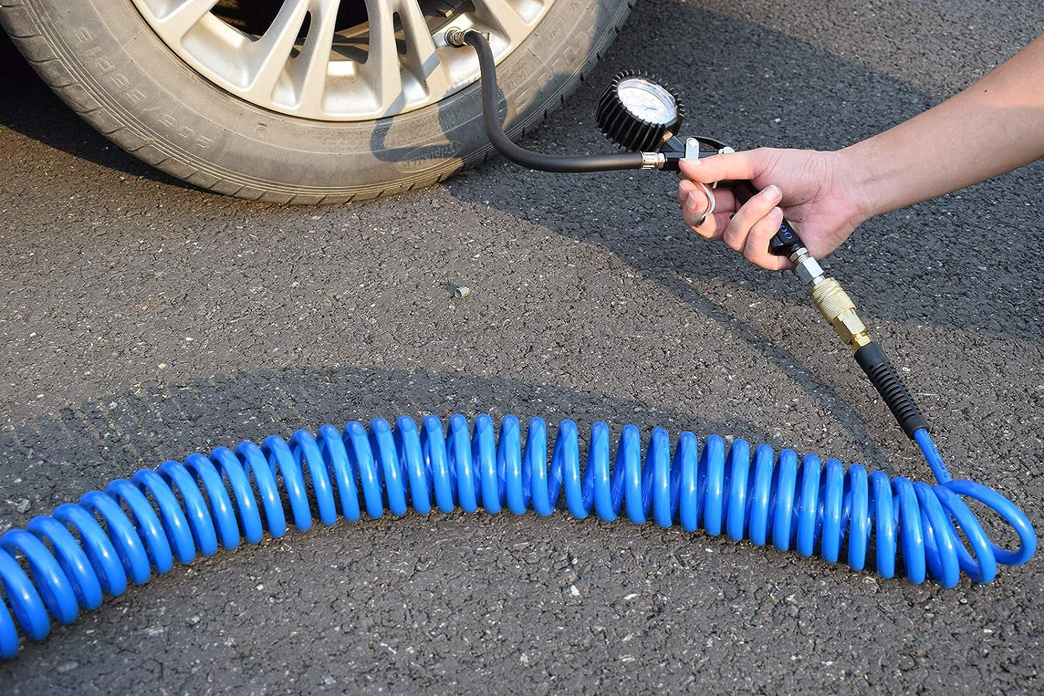 Polyurethane Recoil Air Hose, Air Compressor Hose 1/4" Inner Diameter by 25' Long with Bend Restrictor, 1/4" Industrial Quick Coupler and Plug, Blue