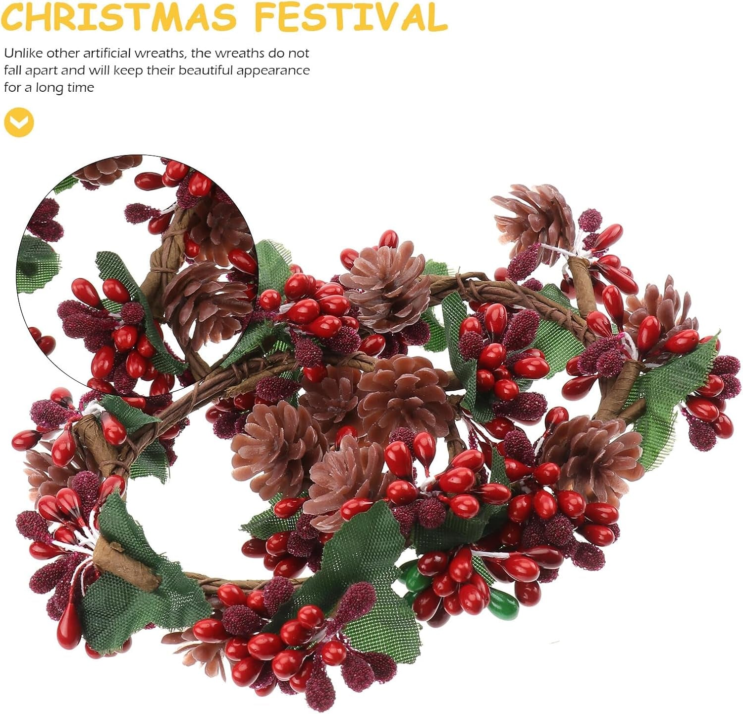 6Pcs Christams Candle Rings Red Berry Candle Rings Wreaths with Pine Cones for Pillars Christams Table Decorations Centerpieces (Red)