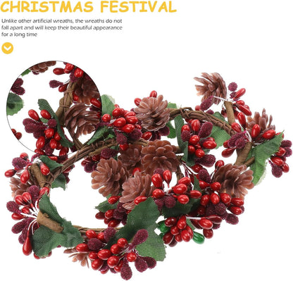 6Pcs Christams Candle Rings Red Berry Candle Rings Wreaths with Pine Cones for Pillars Christams Table Decorations Centerpieces (Red)