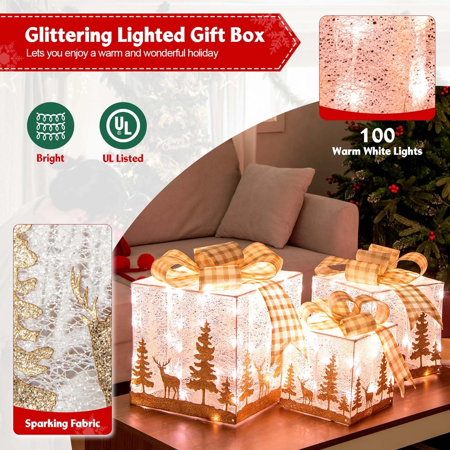Set of 3 Pre-Lit Christmas Gift Boxes Lighted Present Decoration with 100 Lights