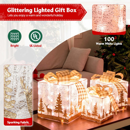 Set of 3 Pre-Lit Christmas Gift Boxes Lighted Present Decoration with 100 Lights