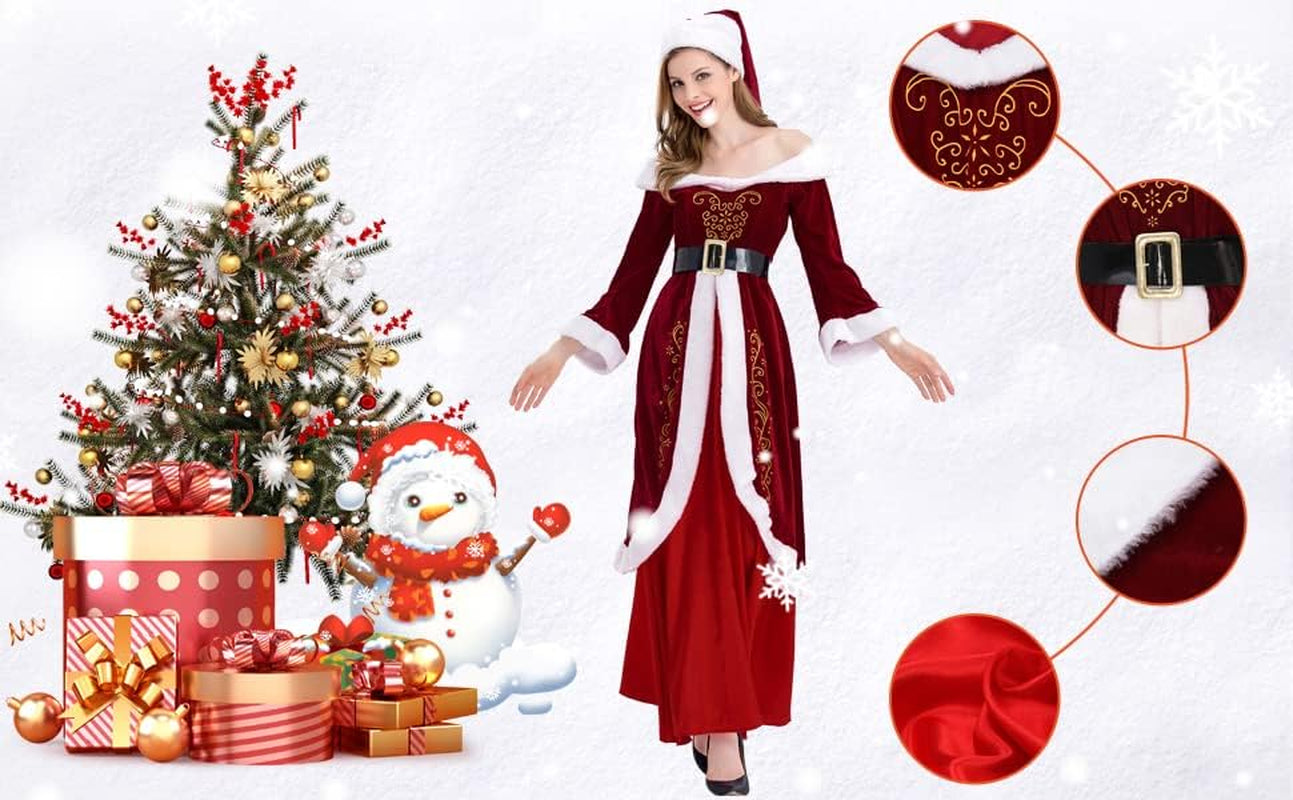 9 Pieces Mens Santa Claus Costume Christmas Luxury Santa Suit/Womens Retro Santa Dress Xmas Party Costumes