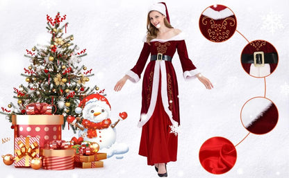 9 Pieces Mens Santa Claus Costume Christmas Luxury Santa Suit/Womens Retro Santa Dress Xmas Party Costumes