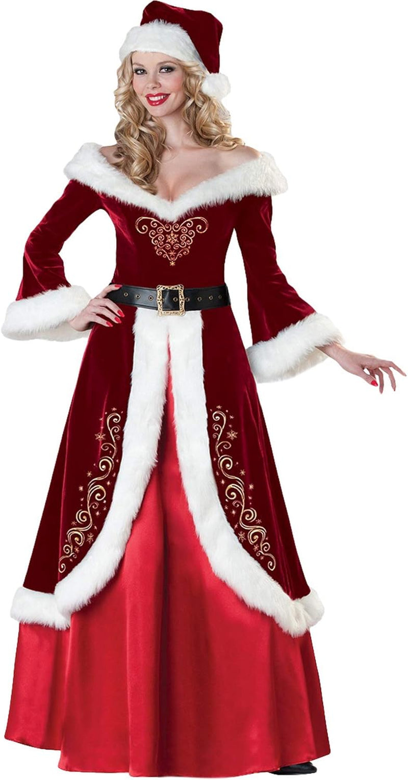 9 Pieces Mens Santa Claus Costume Christmas Luxury Santa Suit/Womens Retro Santa Dress Xmas Party Costumes