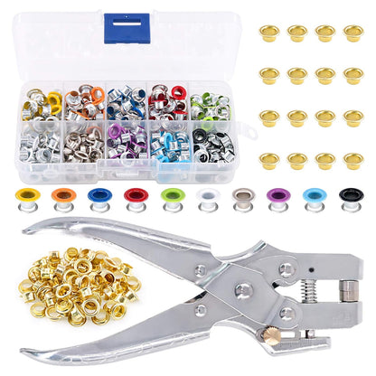 300Pcs 10 Colors 3/16 Inch Metal Grommets Kit and 1Pcs Eyelet Hole Punch Pliers with 100Pcs Gold Grommets, Metal Eyelets Kits Shoe Eyelets Grommet Sets for Leather Fabric Belt Clothes