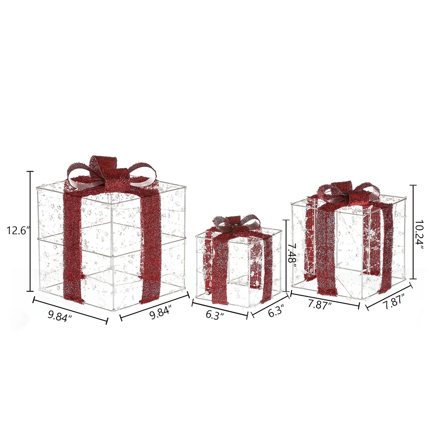 Lighted Christmas Holiday Presents Decoration with Remote (Set of 3) - Red - 12.6" H X 9.84" W X 9.84" D
