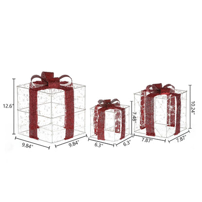 Lighted Christmas Holiday Presents Decoration with Remote (Set of 3) - Red - 12.6" H X 9.84" W X 9.84" D