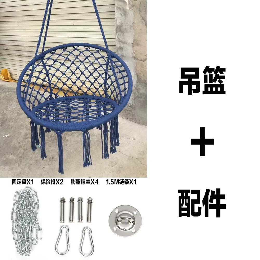 ‌Nordic Style Hanging Basket- Handmade Cotton Rope Swing Chair, Balcony Relaxation Cradle- Boho Indoor Fringe Hanging Chair