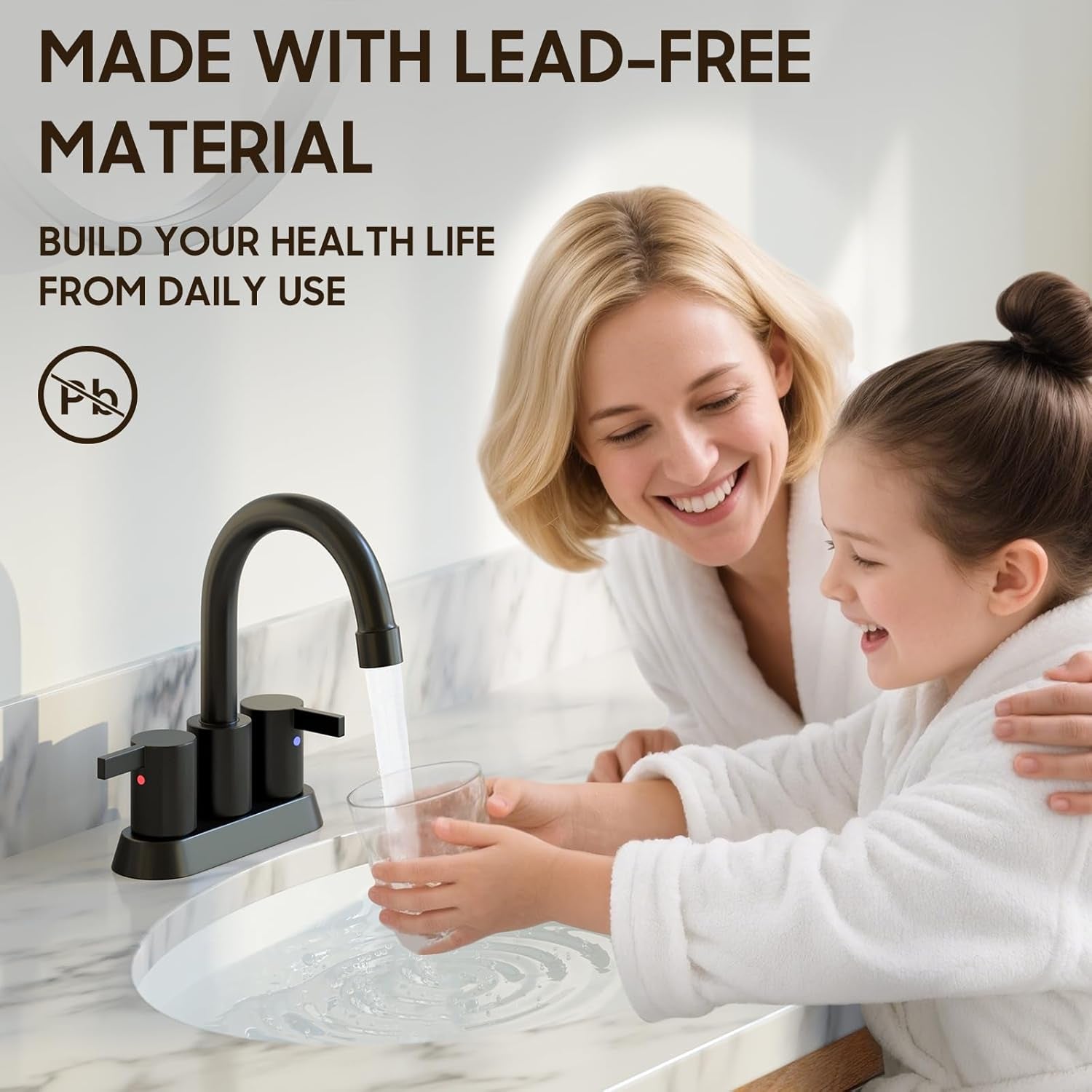 4-Inch Matte Black Lead-Free Modern Bathroom Faucet with 360-Degree Swivel Spout, Two Handles, Pop-Up Drain, and Water Supply Lines for 2-3 Hole RV Bathroom Vanity Sink, Model BF015-1-MB