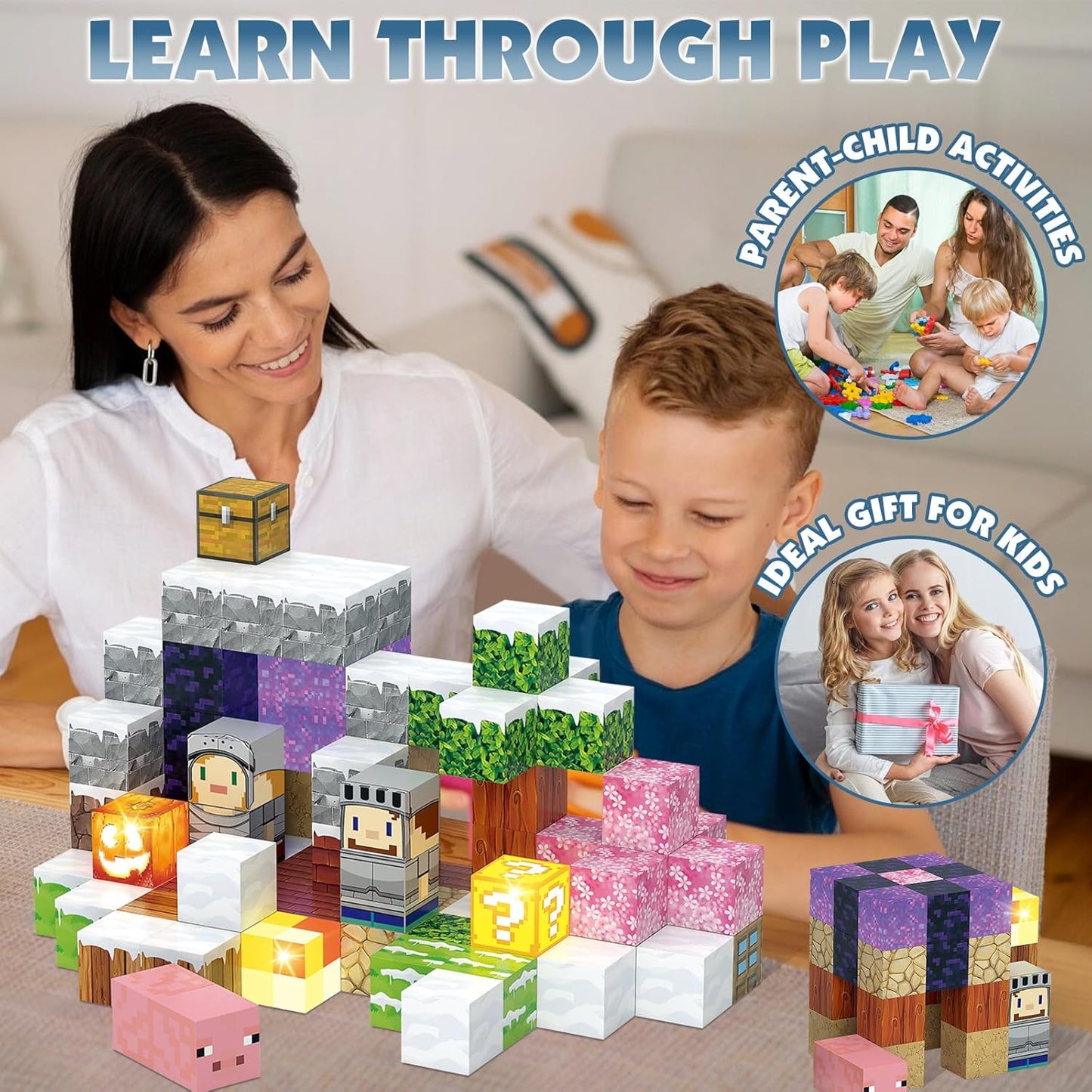 Magnetic Building Blocks Construction Toys STEM Montessori Sensory Toys- Magnet Cubes with Light Blocks- Stacking Toy Christmas Birthday Gifts for Kids Boys Girls Age 3-4 4-8 8-12
