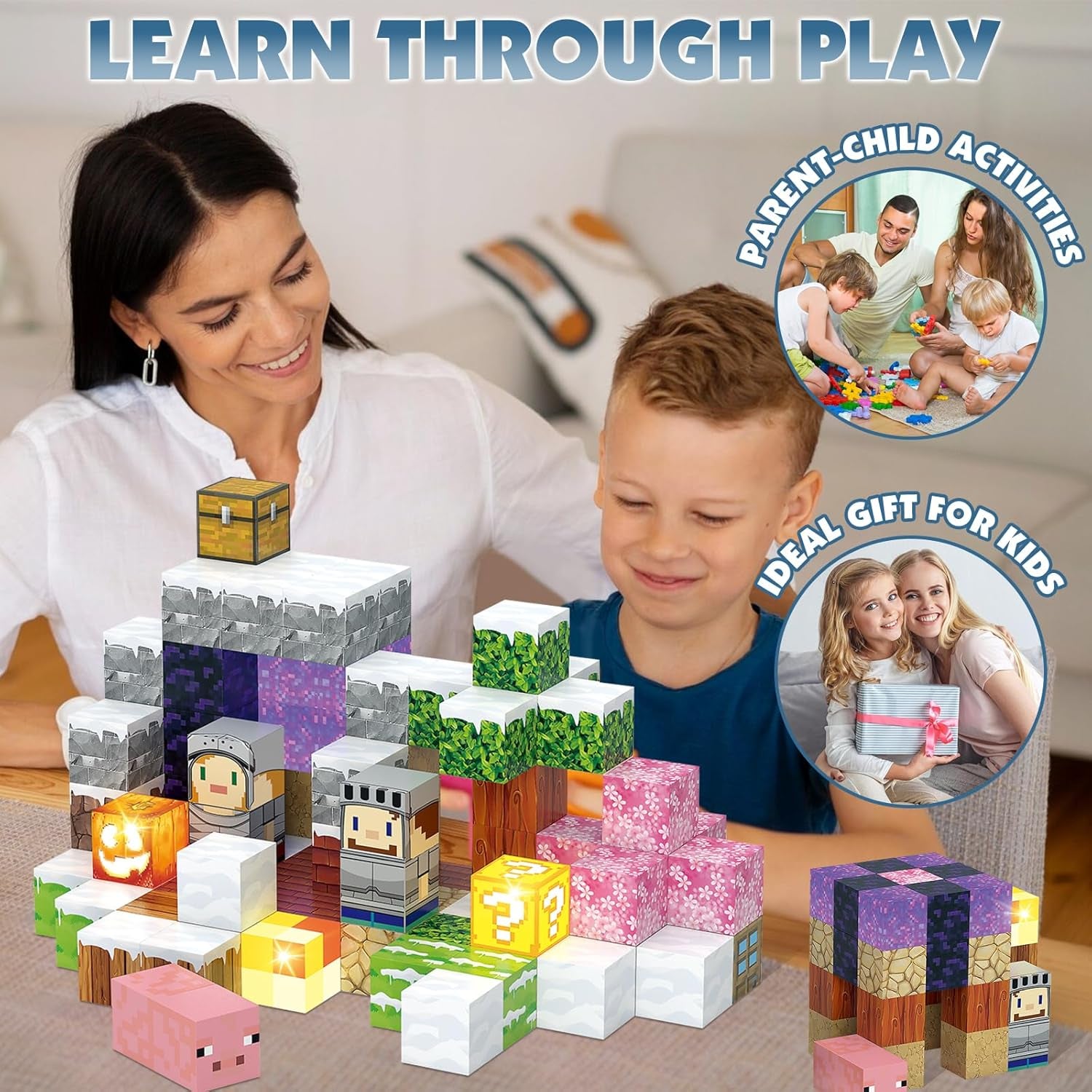 Magnetic Building Blocks Construction Toys STEM Montessori Sensory Toys- Magnet Cubes with Light Blocks- Stacking Toy Christmas Birthday Gifts for Kids Boys Girls Age 3-4 4-8 8-12