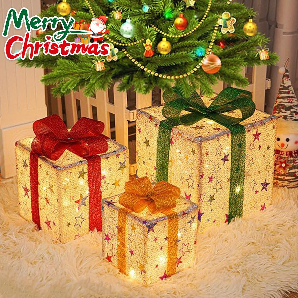 Set of 3 Christmas Lighted Gift Boxes, Pre-Lit 48 LED Light up Present Boxes Orn