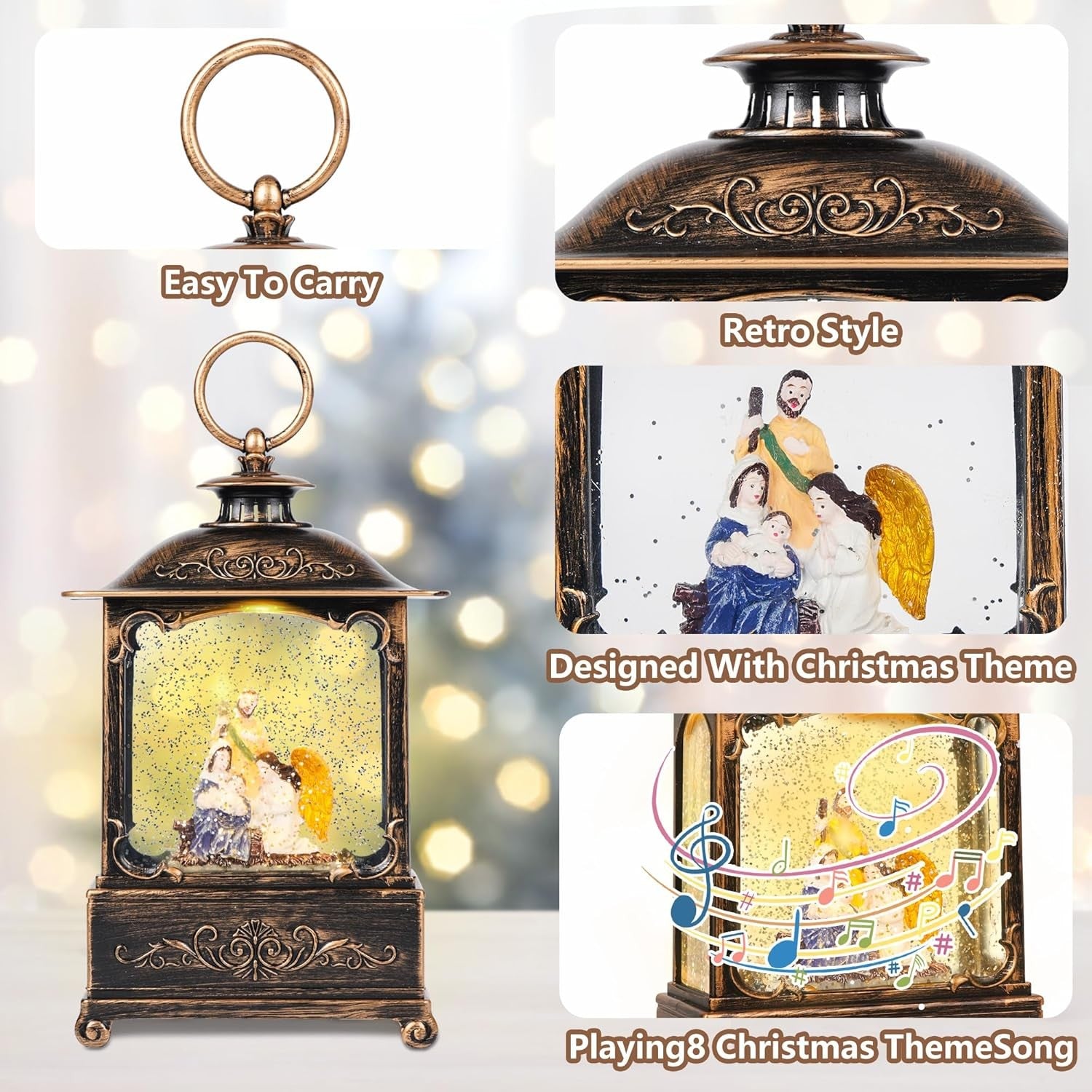 10.8'' Christmas Snow Globe Lantern Snowman with Holiday Tree Musical Jesus