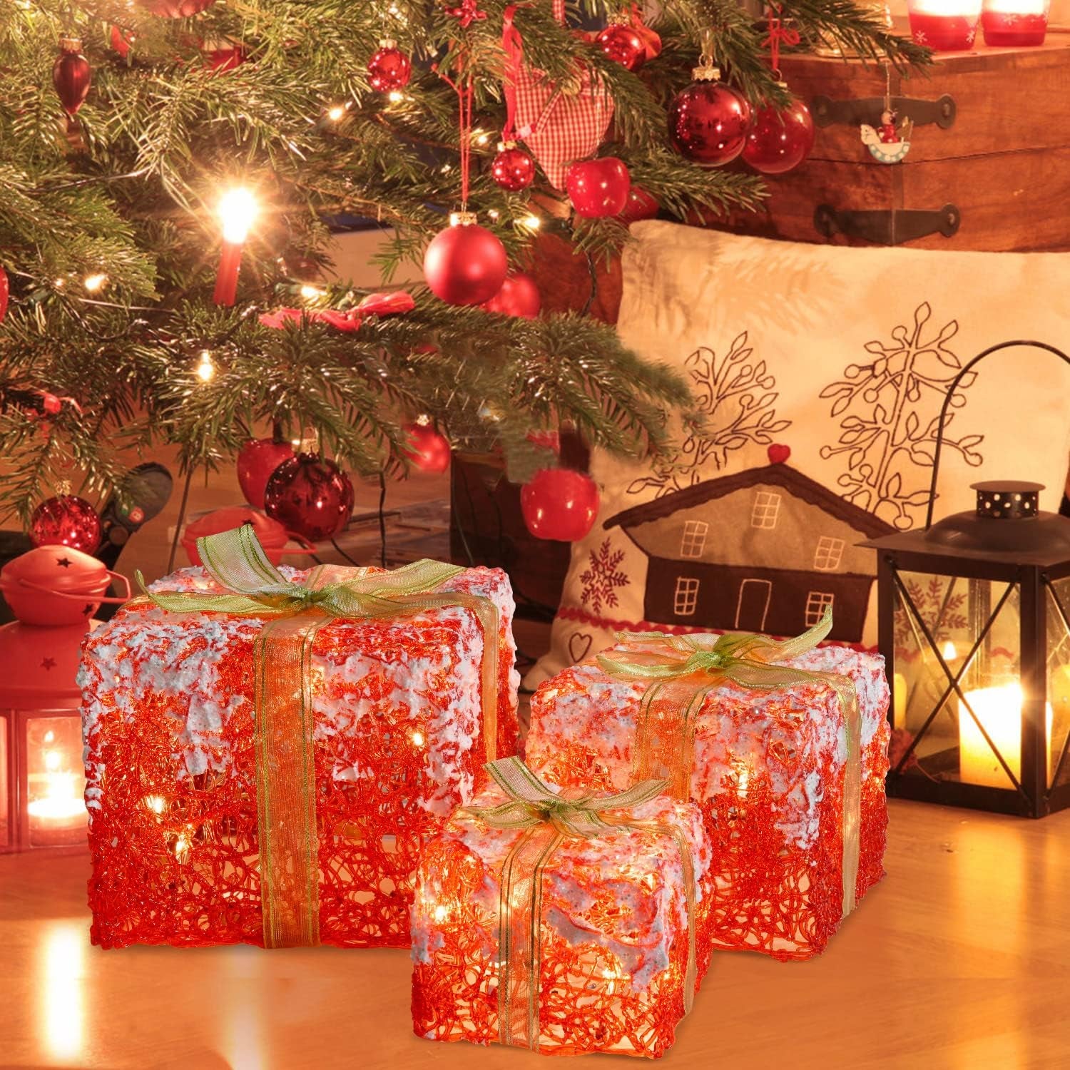 Set of 3 LED Gift Boxes Christmas Boxes with Bows, Xmas Present Gift Boxes for Indoor Outdoor Use Christmas Yard Room Tree Decoration