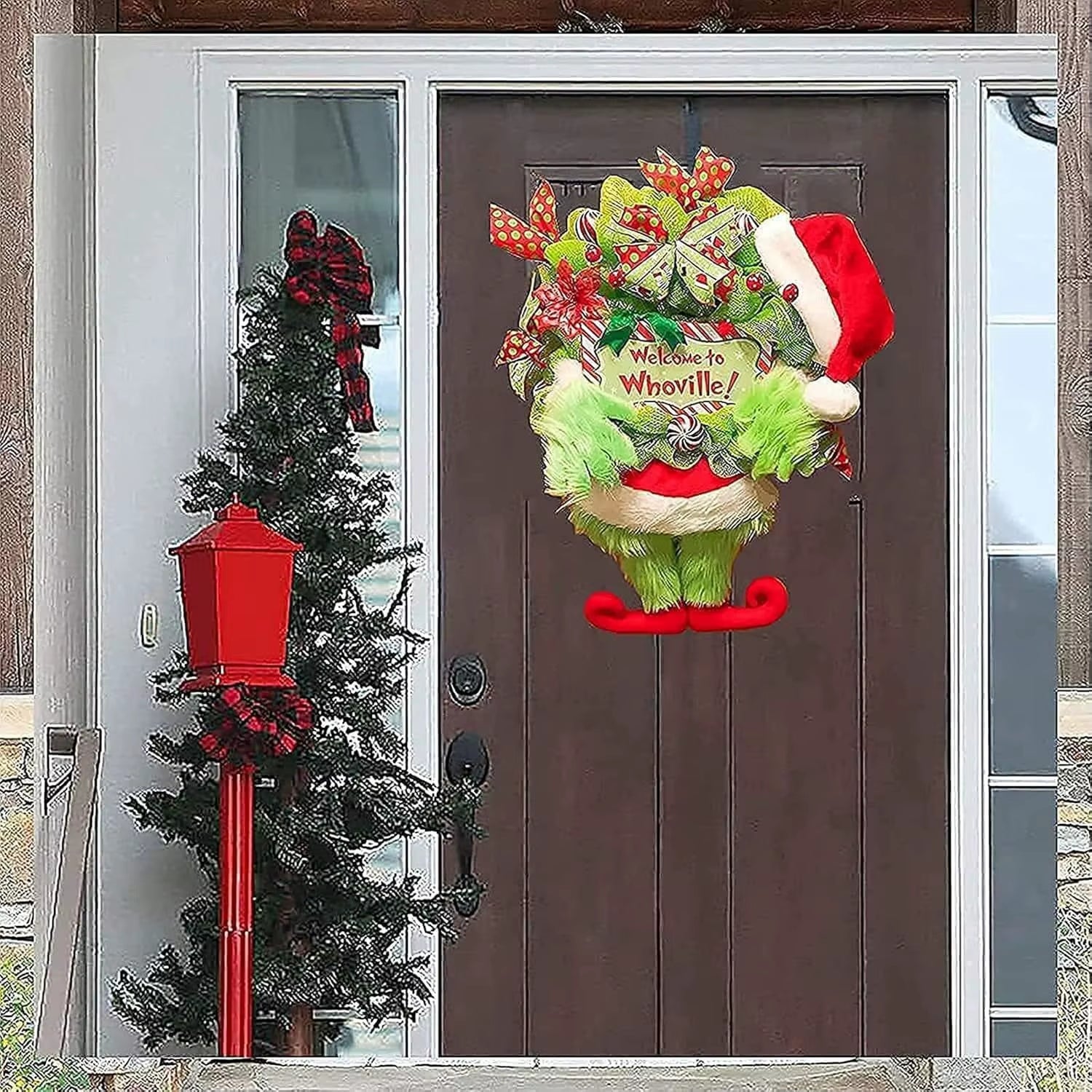 Christmas Thief Wreath Front Door Green Elf Legs Christmas Wreath Pendant Welcome Sign Home Decor Indoor Outdoor