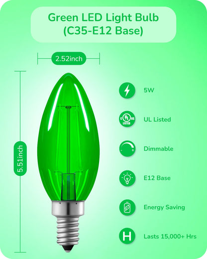 6 Pack Green Christams LED Light Bulb, 5W (60W Equivalent), E12 Base Light Bulb for Party, Holiday, Porch