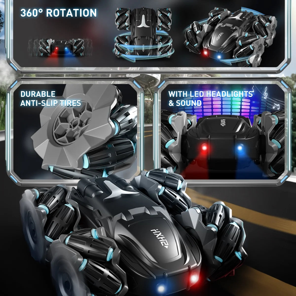 RC Cars- Black 360° Rotating Remote Control Car with Headlight- 4WD 2.4Ghz RC Trucks for Boys Gift.