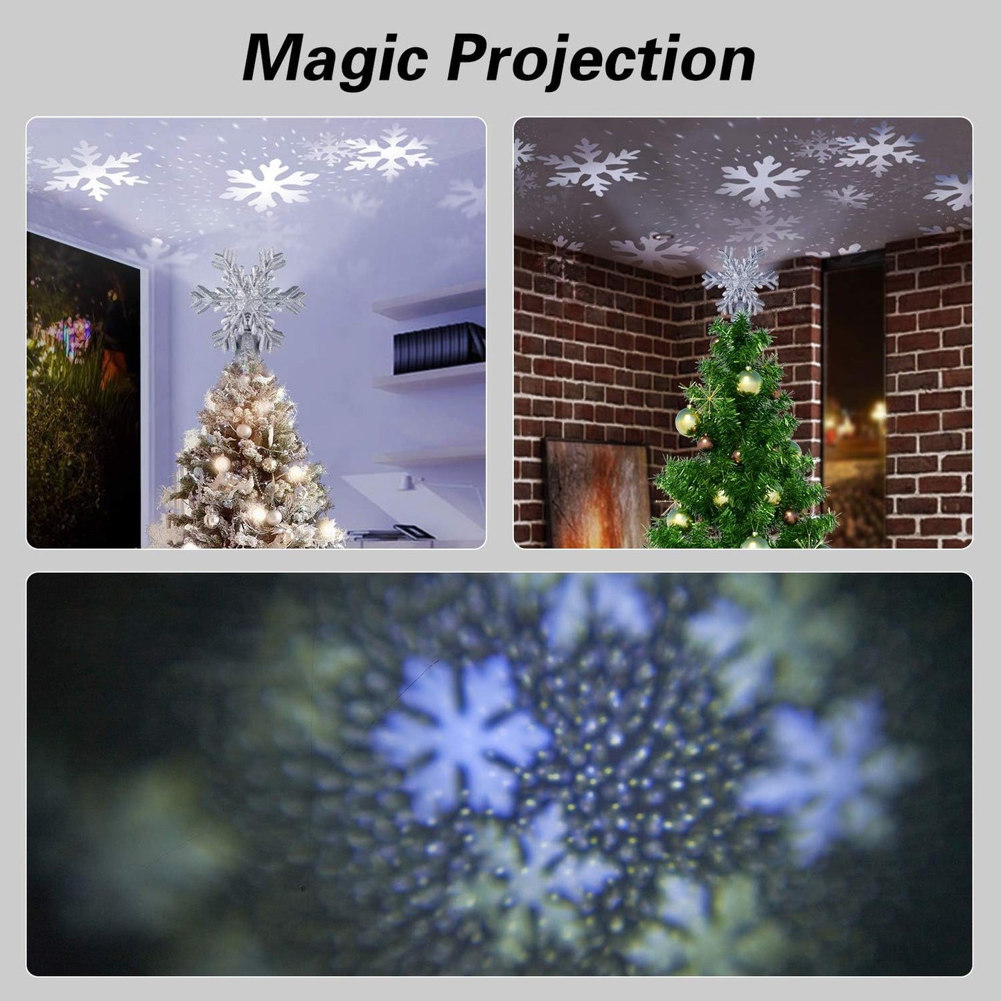 Christmas Tree Topper,  Star Tree Topper Lighted Indoor with Rotating 3D Silver Snowflake LED Projector Hollow Glitter Lighted for Xmas Tree Christmas Decorations Holiday