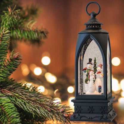 12” Christmas Snow Globe Lantern Snowman with Music & Timer, USB Lined/Battery Operated Lighted Water Glittering Lantern for Christmas Festival Decoration Gifts – Snowman