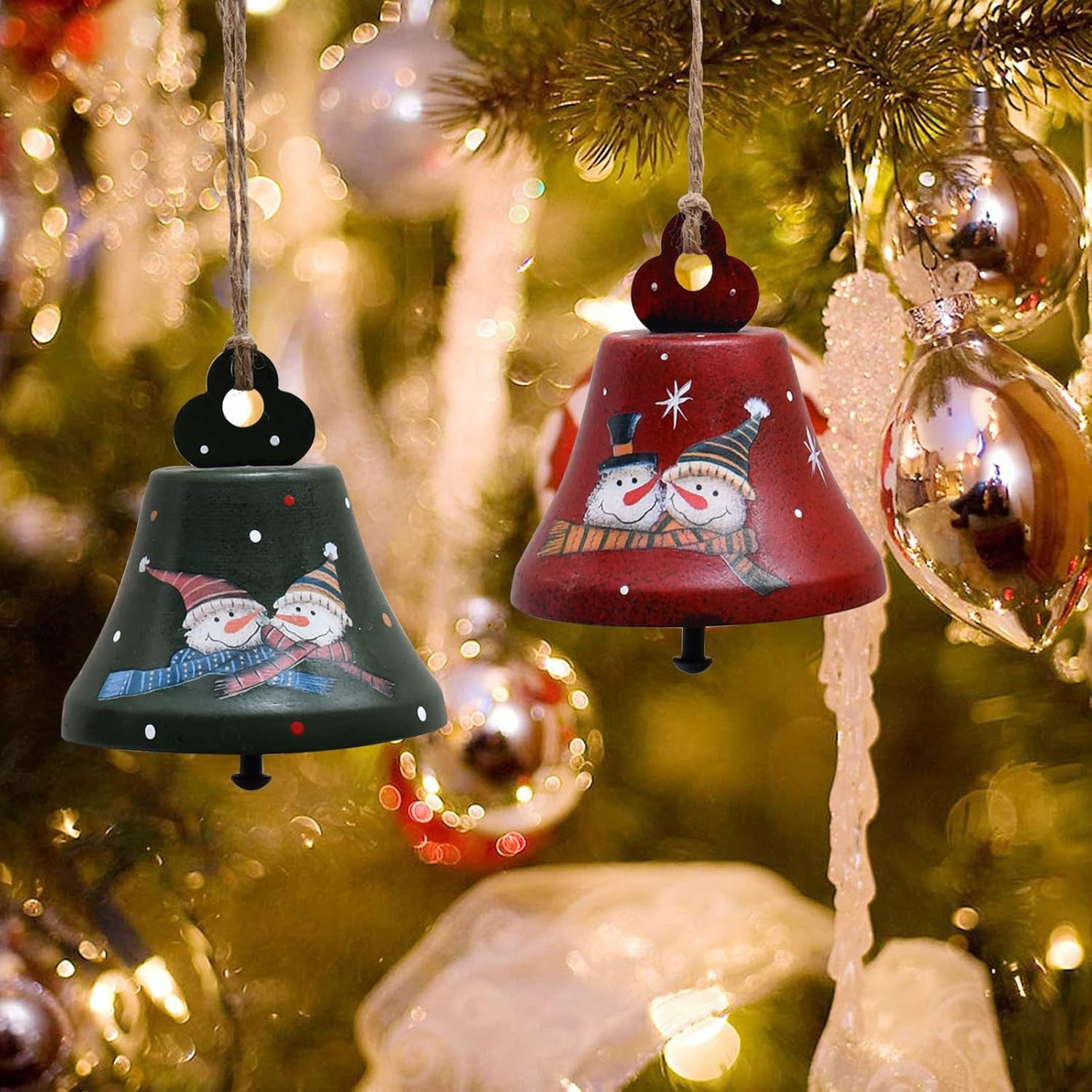 Metal Christmas Jingle Bells Christmas Tree Hanging Ornaments Christmas Bells Rustic Jingle Bells Xmas Tree Decorations Set of 2 (Red and Green)