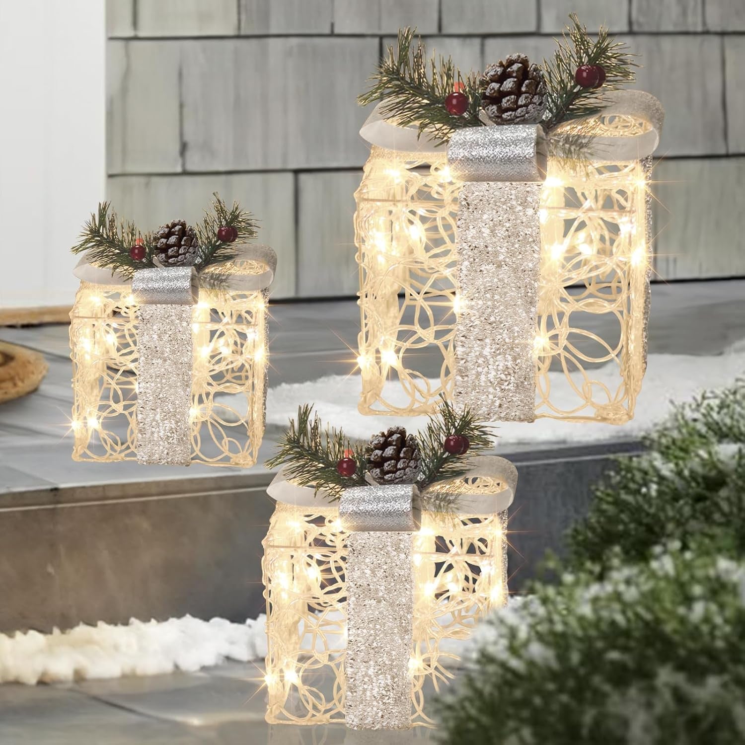 Christmas Lighted Gift Boxes, Set of 3 White Gift Box with 48 Warm White Lights, Outdoor Decorations Plug in for Yard Lawn Porch Holiday