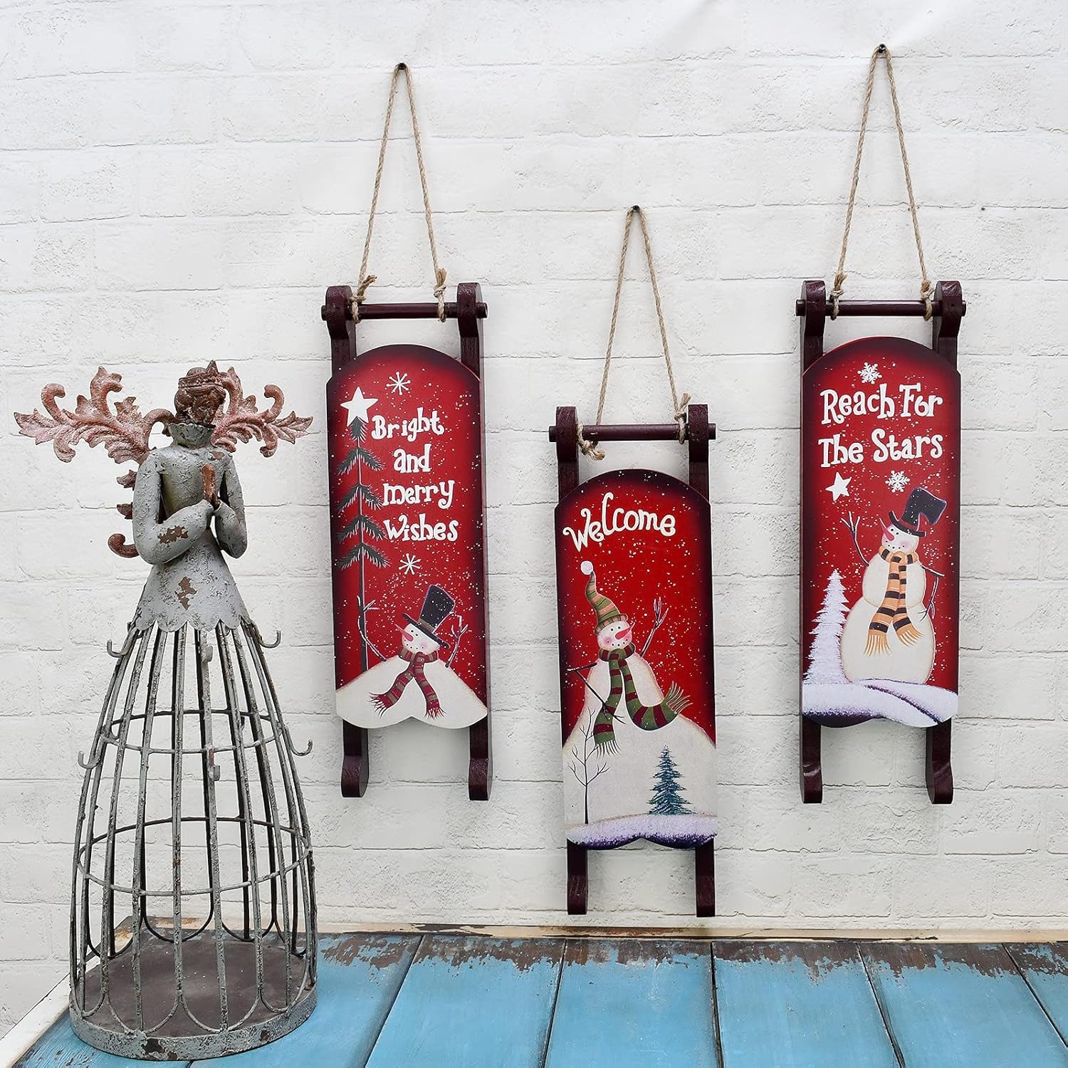 Christmas Sled Decoration Wooden Snowman Welcome Sign Xmas Sleigh Wall Decor Outdoor Hanging Santa Sleigh Rustic Christmas Porch Decor Snowman Wooden Decor Winter Festive Holiday (B)