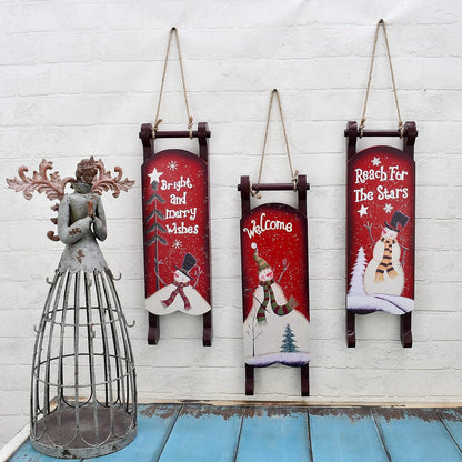 Christmas Sled Decoration Wooden Snowman Welcome Sign Xmas Sleigh Wall Decor Outdoor Hanging Santa Sleigh Rustic Christmas Porch Decor Snowman Wooden Decor Winter Festive Holiday (B)