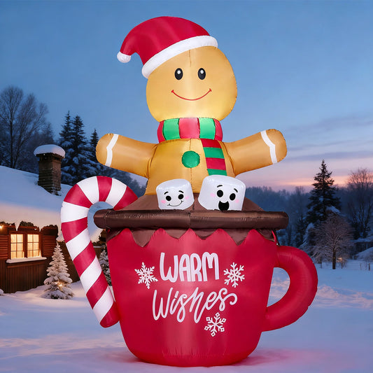 6 FT Christmas Inflatables Gingerbread Man Outdoor Decorations,Gingerbread Man Cocoa Mug Blow Ups Yard with Built-In Leds for Holiday Party Garden Lawn Decor