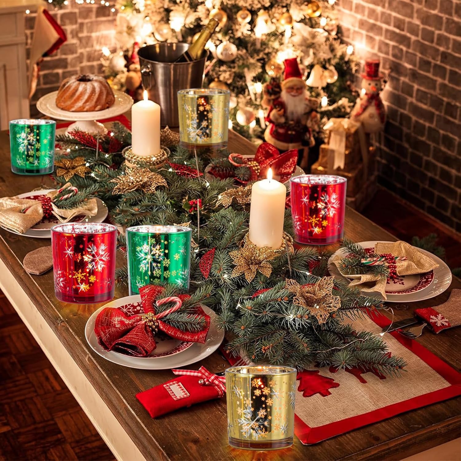 Christmas Candle Holder,Mercury Glass Tealight Votives Set of 6,Christmas Decorations Indoor,Snowflake Carving Tea Lights Centerpieces Table Decor