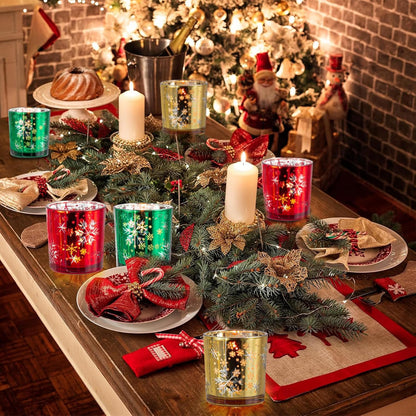 Christmas Candle Holder,Mercury Glass Tealight Votives Set of 6,Christmas Decorations Indoor,Snowflake Carving Tea Lights Centerpieces Table Decor