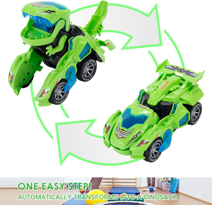LED Car Dinosaur Transforming Toys- 2 in 1 Automatic Dinosaur Dino Transformer Toy Car Lamps for Kids,Toddlers ( Ages 3-12, Green)
