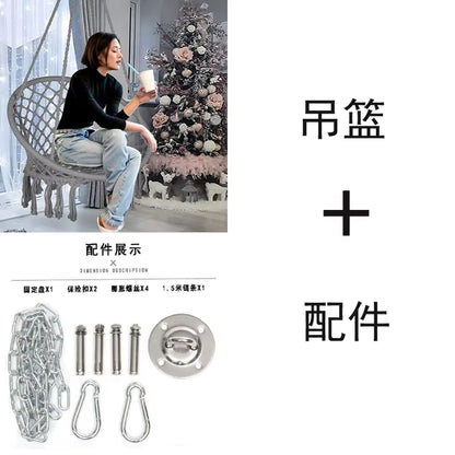 ‌Nordic Style Hanging Basket- Handmade Cotton Rope Swing Chair, Balcony Relaxation Cradle- Boho Indoor Fringe Hanging Chair