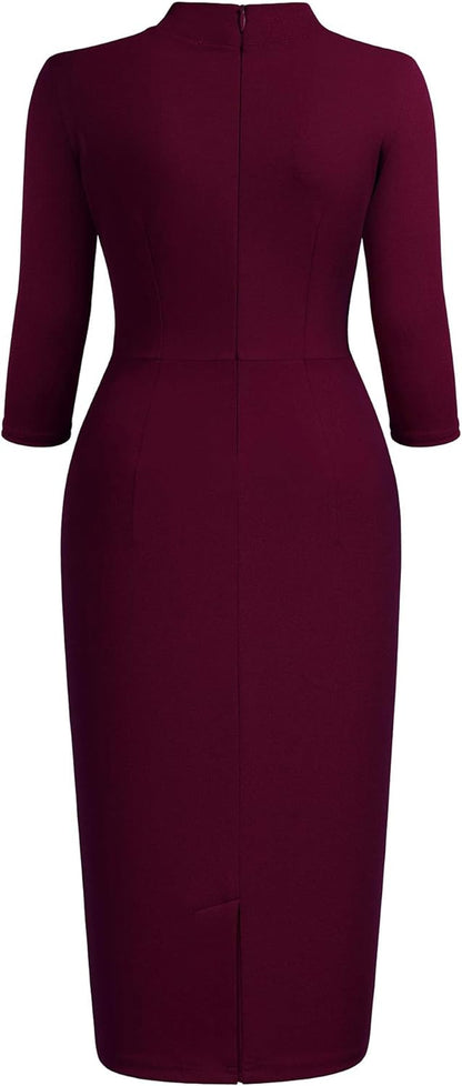 Women'S Retro Half Collar Ruffle 2/3 Sleeve Cocktail Pencil Dress