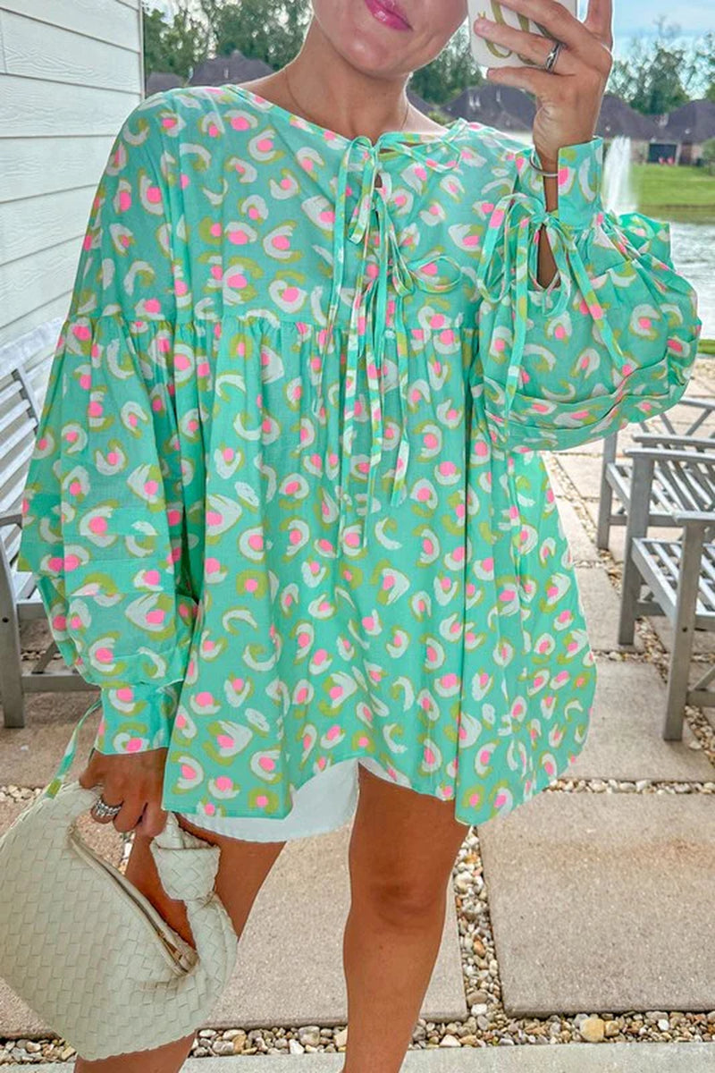 Printed Lace-Up Lantern Sleeve Babydoll Blouse