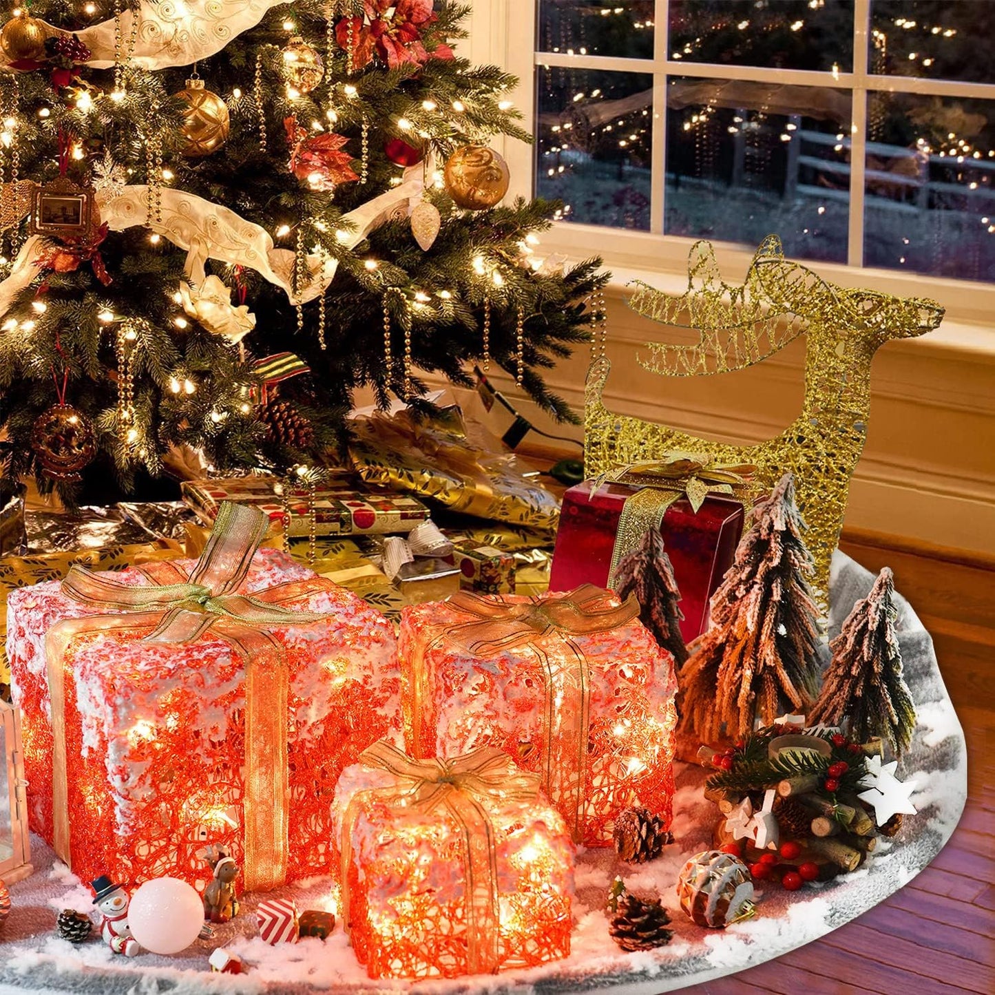 Set of 3 LED Gift Boxes Christmas Boxes with Bows, Xmas Present Gift Boxes for Indoor Outdoor Use Christmas Yard Room Tree Decoration