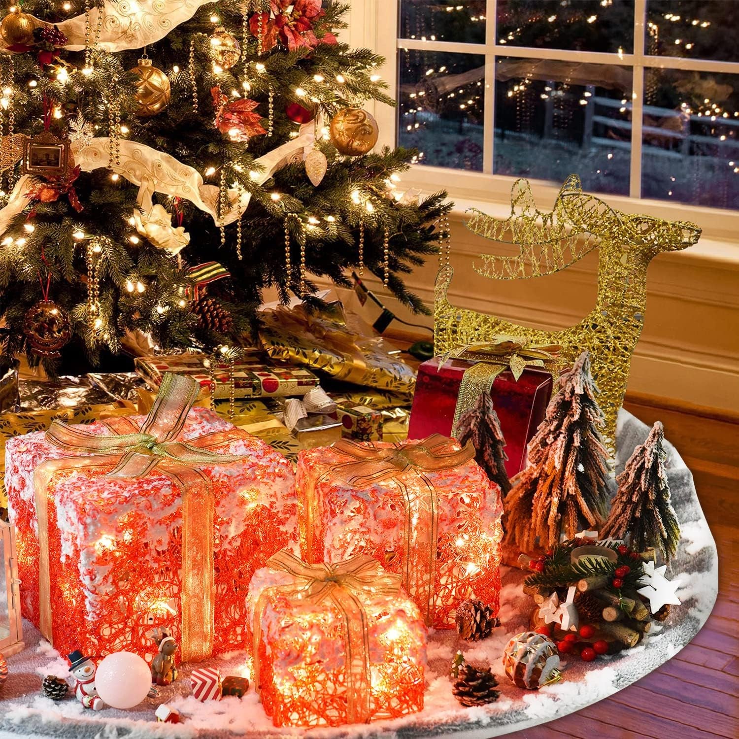 Set of 3 LED Gift Boxes Christmas Boxes with Bows, Xmas Present Gift Boxes for Indoor Outdoor Use Christmas Yard Room Tree Decoration