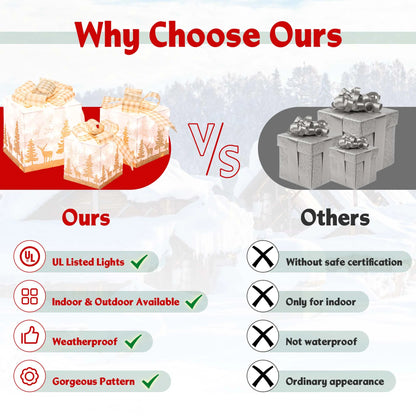 Set of 3 Pre-Lit Christmas Gift Boxes Lighted Present Decoration with 100 Lights