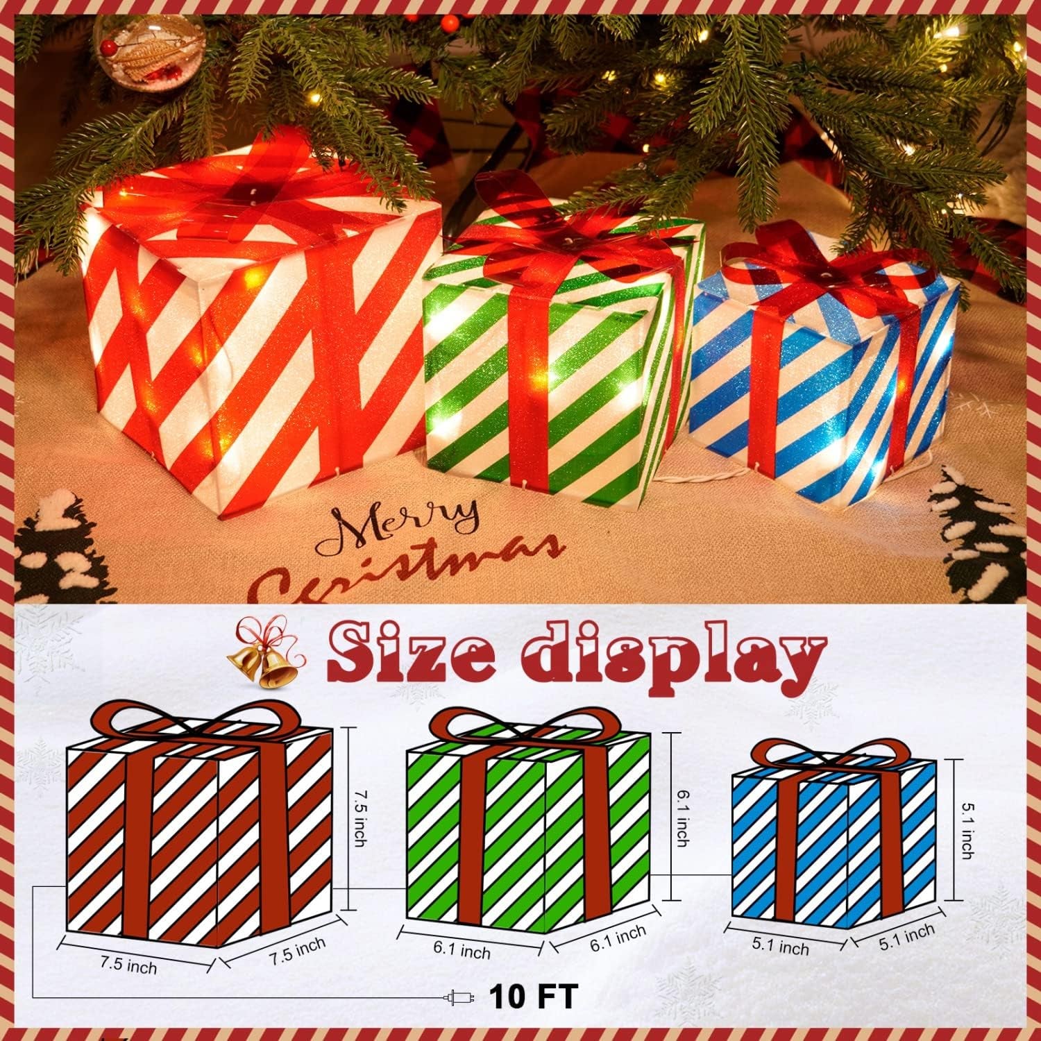 Set of 3 Lighted Gift Boxes Christmas Box Decorations, Red Green and Blue Lit Present Boxes the Best Christmas Yard & Home Décor (50 Lights)